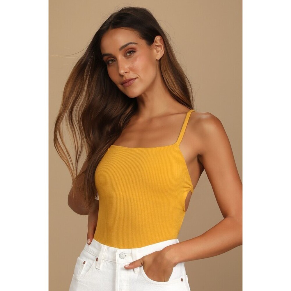 Lulus Heights Mustard Yellow Ribbed Strappy Backless Bodysuit - Size L